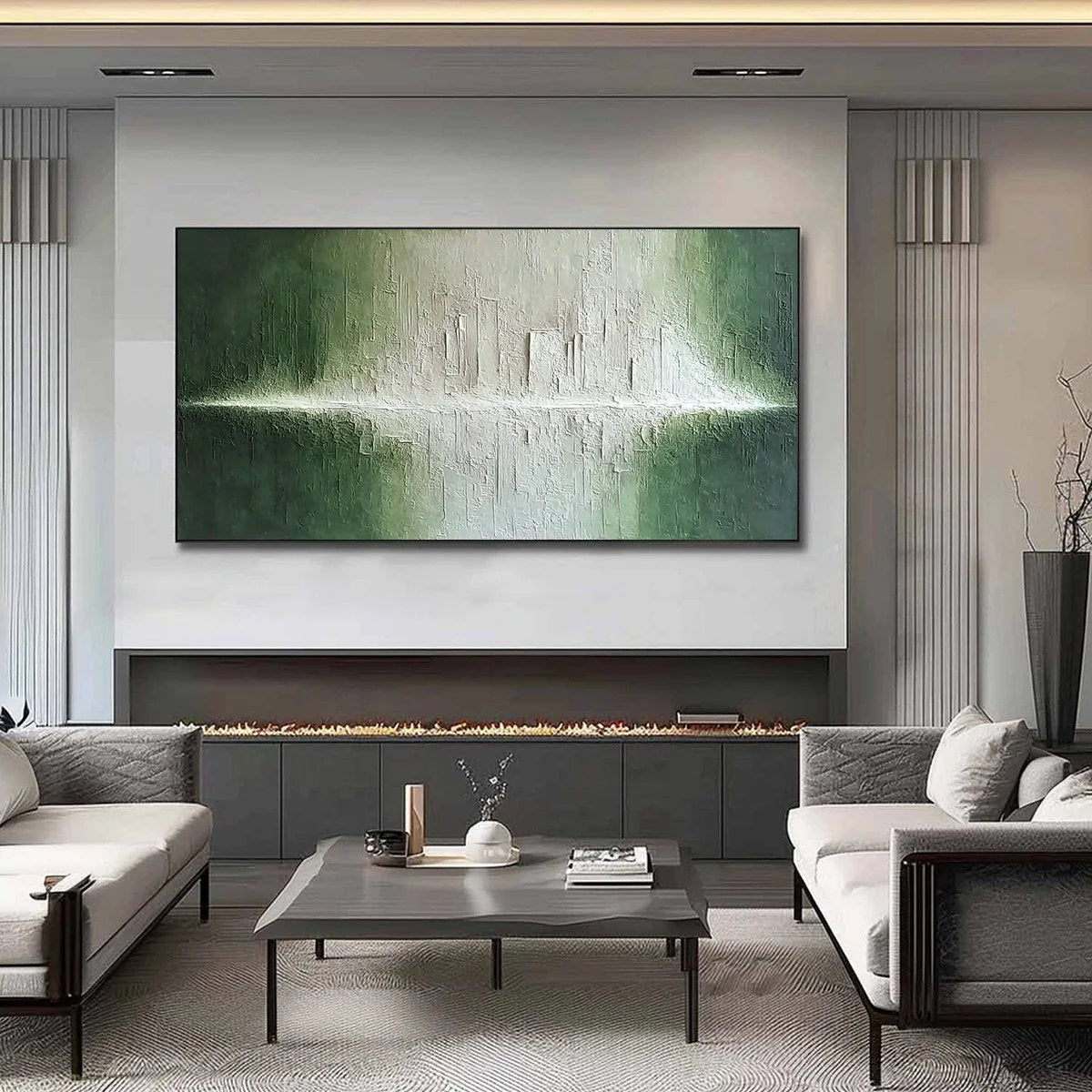 EMERALD HORIZON: Large Textured Green and White Abstract Cityscape Painting | Abstract closeup, raised brushwork detail