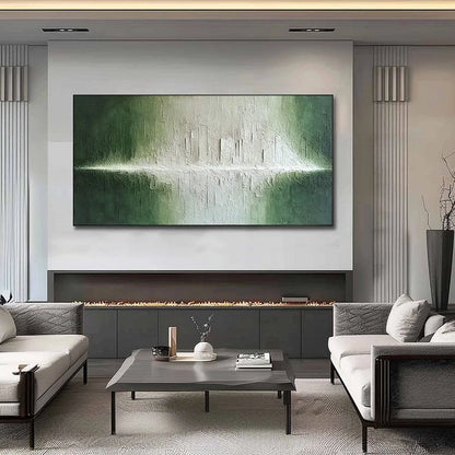 EMERALD HORIZON: Large Textured Green and White Abstract Cityscape Painting | Abstract closeup, raised brushwork detail