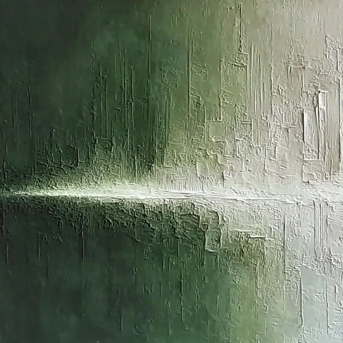 EMERALD HORIZON: Large Textured Green and White Abstract Cityscape Painting | rectangular format, hand-painted canvas edge