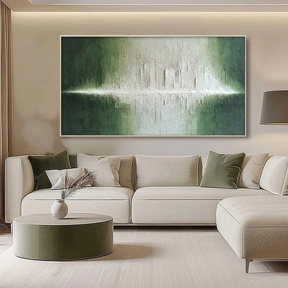 EMERALD HORIZON: Large Textured Green and White Abstract Cityscape Painting | gold frame stretched on neutral wall