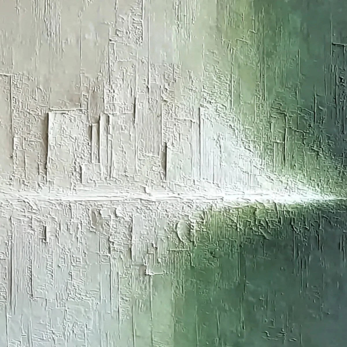 EMERALD HORIZON: Large Textured Green and White Abstract Cityscape Painting | rolled canvas, ready for custom framing