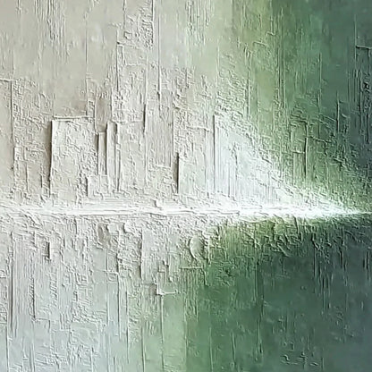 EMERALD HORIZON: Large Textured Green and White Abstract Cityscape Painting | rolled canvas, ready for custom framing