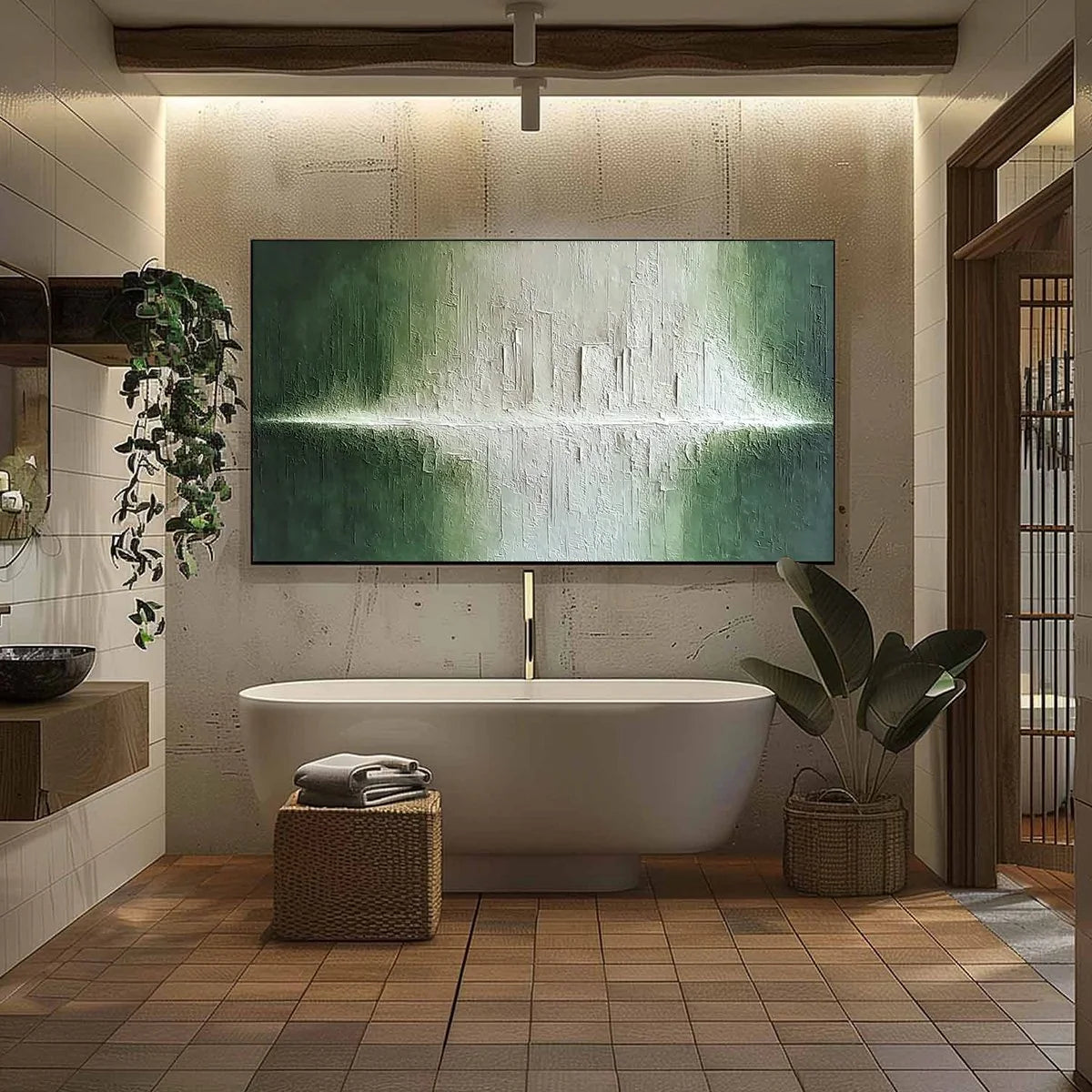 EMERALD HORIZON: Large Textured Green and White Abstract Cityscape Painting | black frame version on white wall