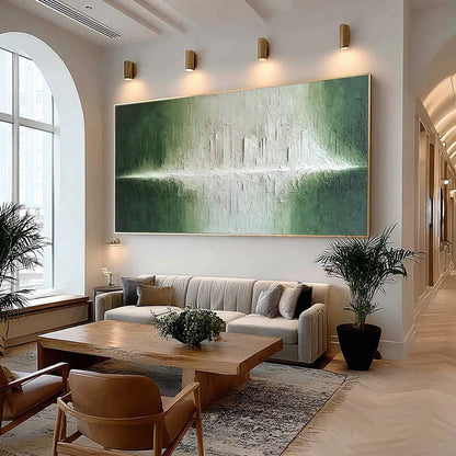 EMERALD HORIZON: Large Textured Green and White Abstract Cityscape Painting | Abstract mood, soft natural light studio shot