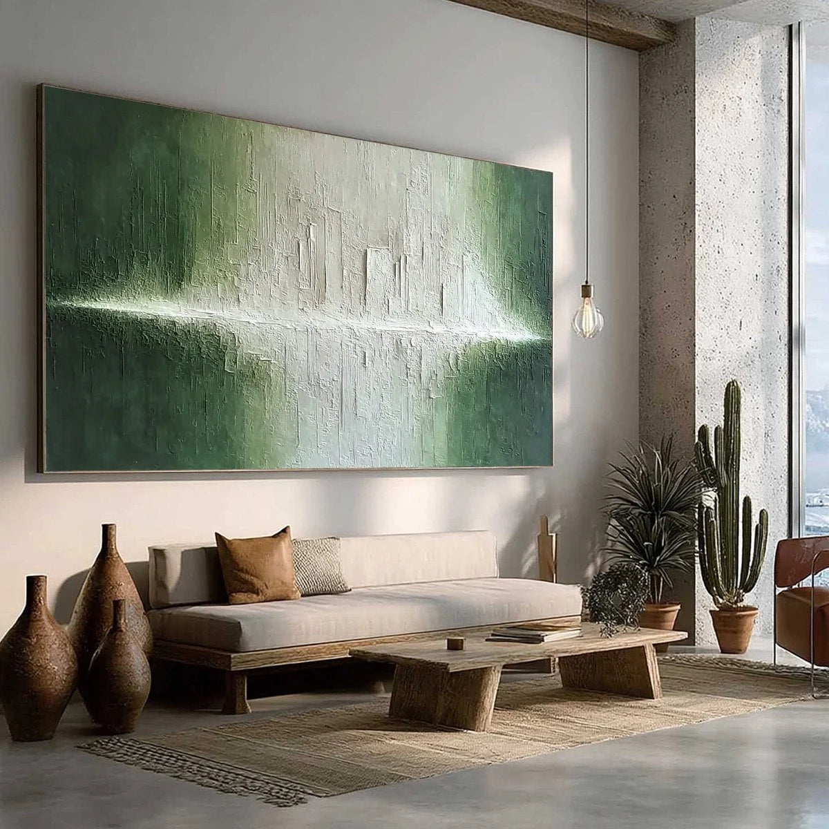 EMERALD HORIZON: Large Textured Green and White Abstract Cityscape Painting | green palette, original Hand-painted on premium stretched canvas using artist-grade oils; rich layered surface combines...