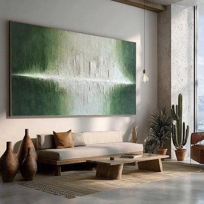 EMERALD HORIZON: Large Textured Green and White Abstract Cityscape Painting | green palette, original Hand-painted on premium stretched canvas using artist-grade oils; rich layered surface combines...