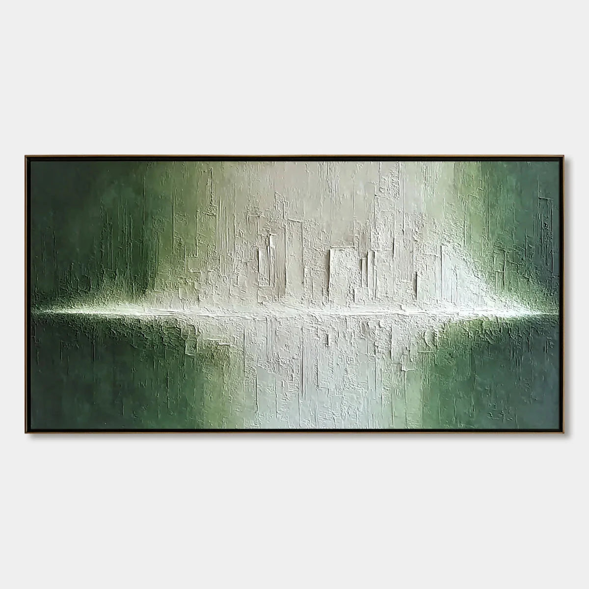 EMERALD HORIZON: Large Textured Green and White Abstract Cityscape Painting | hanging in EMERALD HORIZON: Large Textured Green and White Abstract Cityscape Painting featuring layered textured brush...