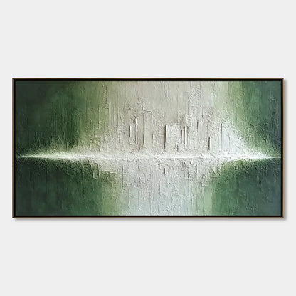 EMERALD HORIZON: Large Textured Green and White Abstract Cityscape Painting | hanging in EMERALD HORIZON: Large Textured Green and White Abstract Cityscape Painting featuring layered textured brush...