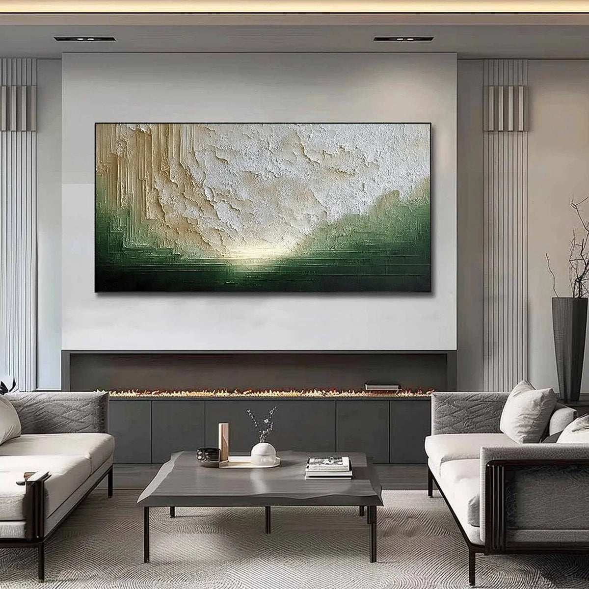 EMERALD HORIZON: Textured Wabi Sabi Abstract Landscape Painting | Abstract closeup, raised brushwork detail