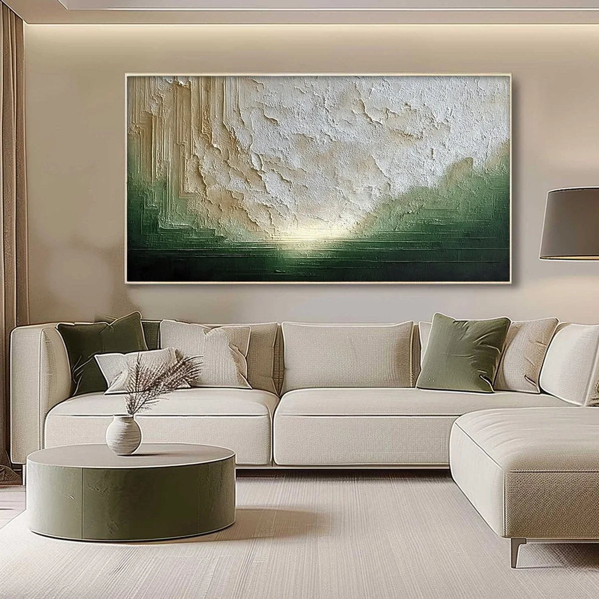 EMERALD HORIZON: Textured Wabi Sabi Abstract Landscape Painting | gold frame stretched on neutral wall