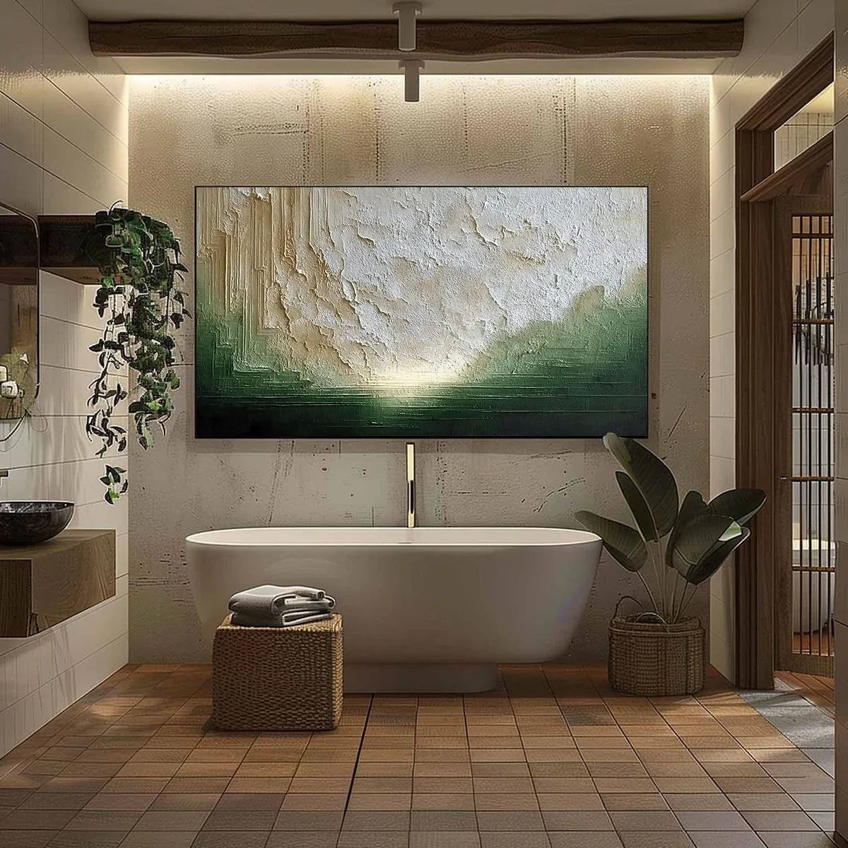 EMERALD HORIZON: Textured Wabi Sabi Abstract Landscape Painting | black frame version on white wall