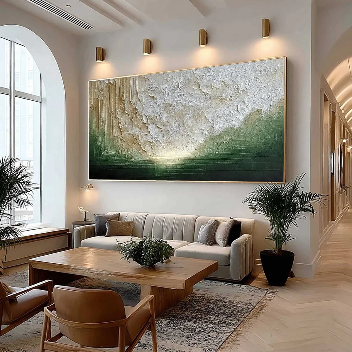 EMERALD HORIZON: Textured Wabi Sabi Abstract Landscape Painting | Abstract mood, soft natural light studio shot