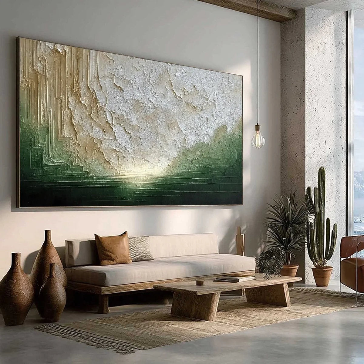 EMERALD HORIZON: Textured Wabi Sabi Abstract Landscape Painting | green palette, original Hand-painted on premium stretched canvas using artist-grade oils; rich layered surface combines smooth grad...