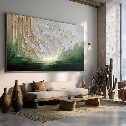 EMERALD HORIZON: Textured Wabi Sabi Abstract Landscape Painting | green palette, original Hand-painted on premium stretched canvas using artist-grade oils; rich layered surface combines smooth grad...