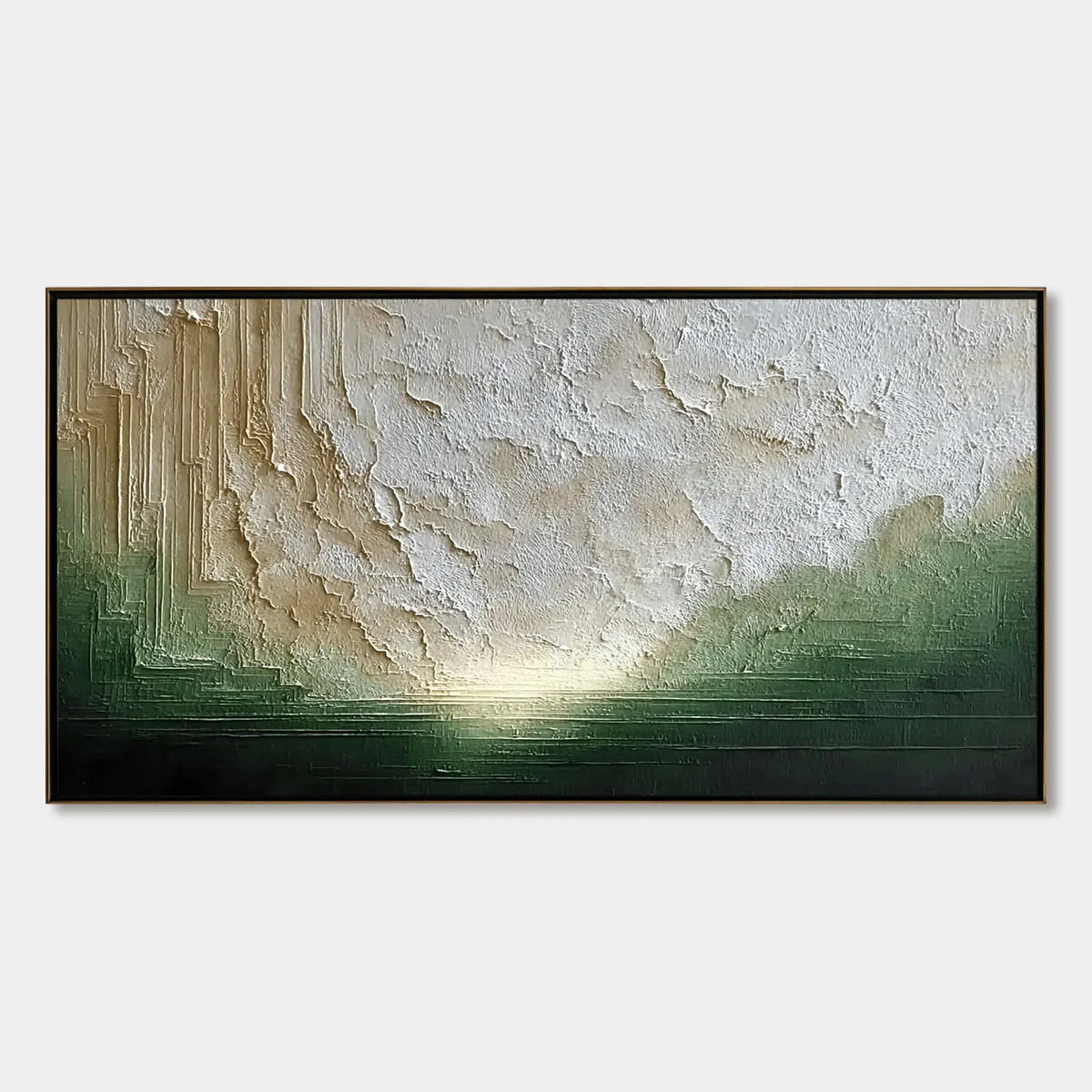 EMERALD HORIZON: Textured Wabi Sabi Abstract Landscape Painting | hanging in EMERALD HORIZON: Textured Wabi Sabi Abstract Landscape Painting featuring layered textured brushwork in refined tones; a...