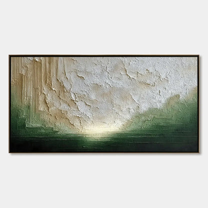 EMERALD HORIZON: Textured Wabi Sabi Abstract Landscape Painting | hanging in EMERALD HORIZON: Textured Wabi Sabi Abstract Landscape Painting featuring layered textured brushwork in refined tones; a...