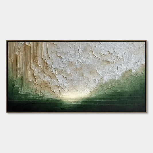 EMERALD HORIZON: Textured Wabi Sabi Abstract Landscape Painting | hanging in EMERALD HORIZON: Textured Wabi Sabi Abstract Landscape Painting featuring layered textured brushwork in refined tones; a...