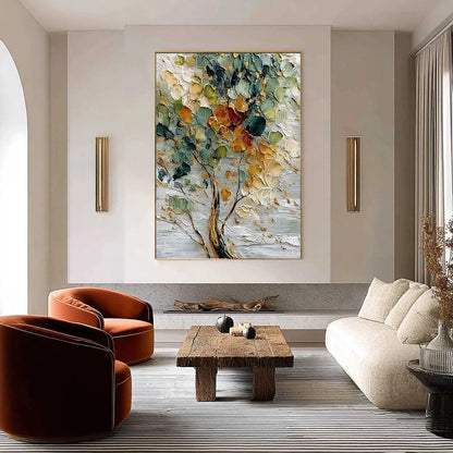 EMERALD JEWEL TREE: Textured Palette Knife Tree Painting with Golden Accents | Abstract closeup, raised brushwork detail