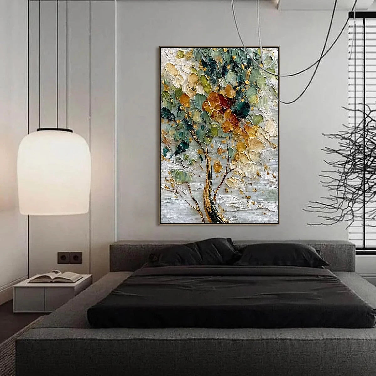 EMERALD JEWEL TREE: Textured Palette Knife Tree Painting with Golden Accents | gold frame stretched on neutral wall
