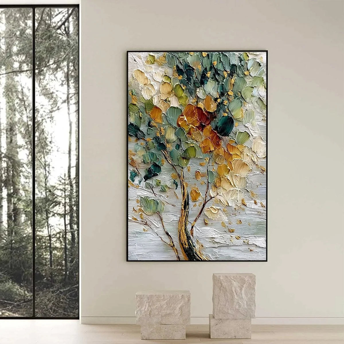 EMERALD JEWEL TREE: Textured Palette Knife Tree Painting with Golden Accents | black frame version on white wall