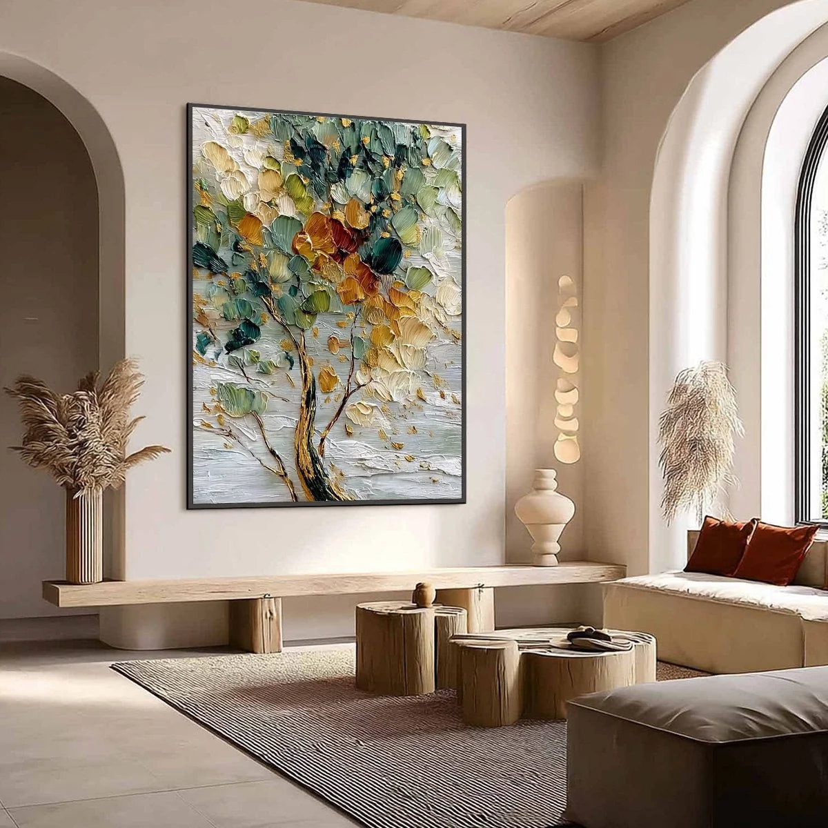 EMERALD JEWEL TREE: Textured Palette Knife Tree Painting with Golden Accents | Abstract mood, soft natural light studio shot