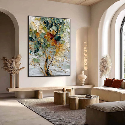 EMERALD JEWEL TREE: Textured Palette Knife Tree Painting with Golden Accents | Abstract mood, soft natural light studio shot