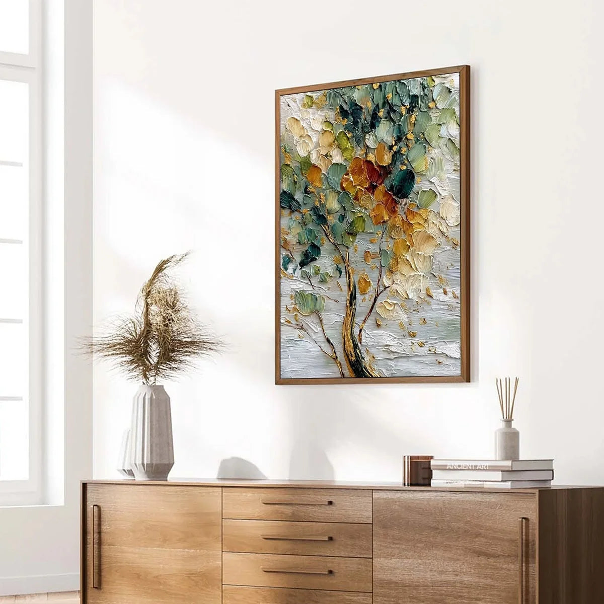EMERALD JEWEL TREE: Textured Palette Knife Tree Painting with Golden Accents | green palette, original Hand-painted on premium stretched canvas using artist-grade oils; rich layered surface combine...