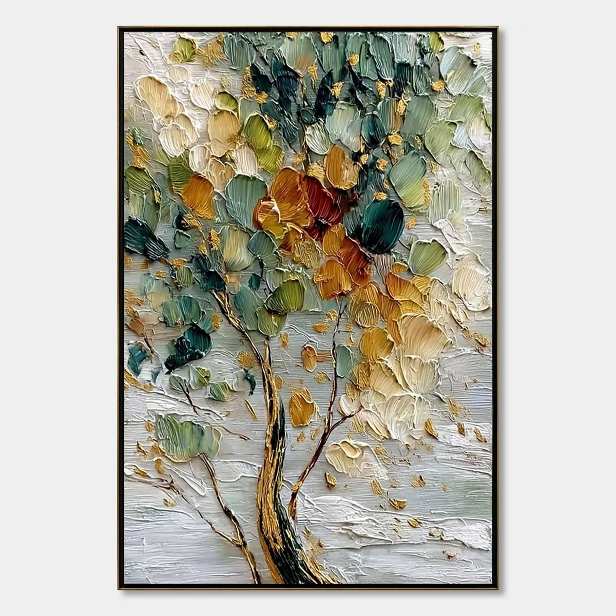 EMERALD JEWEL TREE: Textured Palette Knife Tree Painting with Golden Accents | hanging in EMERALD JEWEL TREE: Textured Palette Knife Tree Painting with Golden Accents featuring layered textured bru...