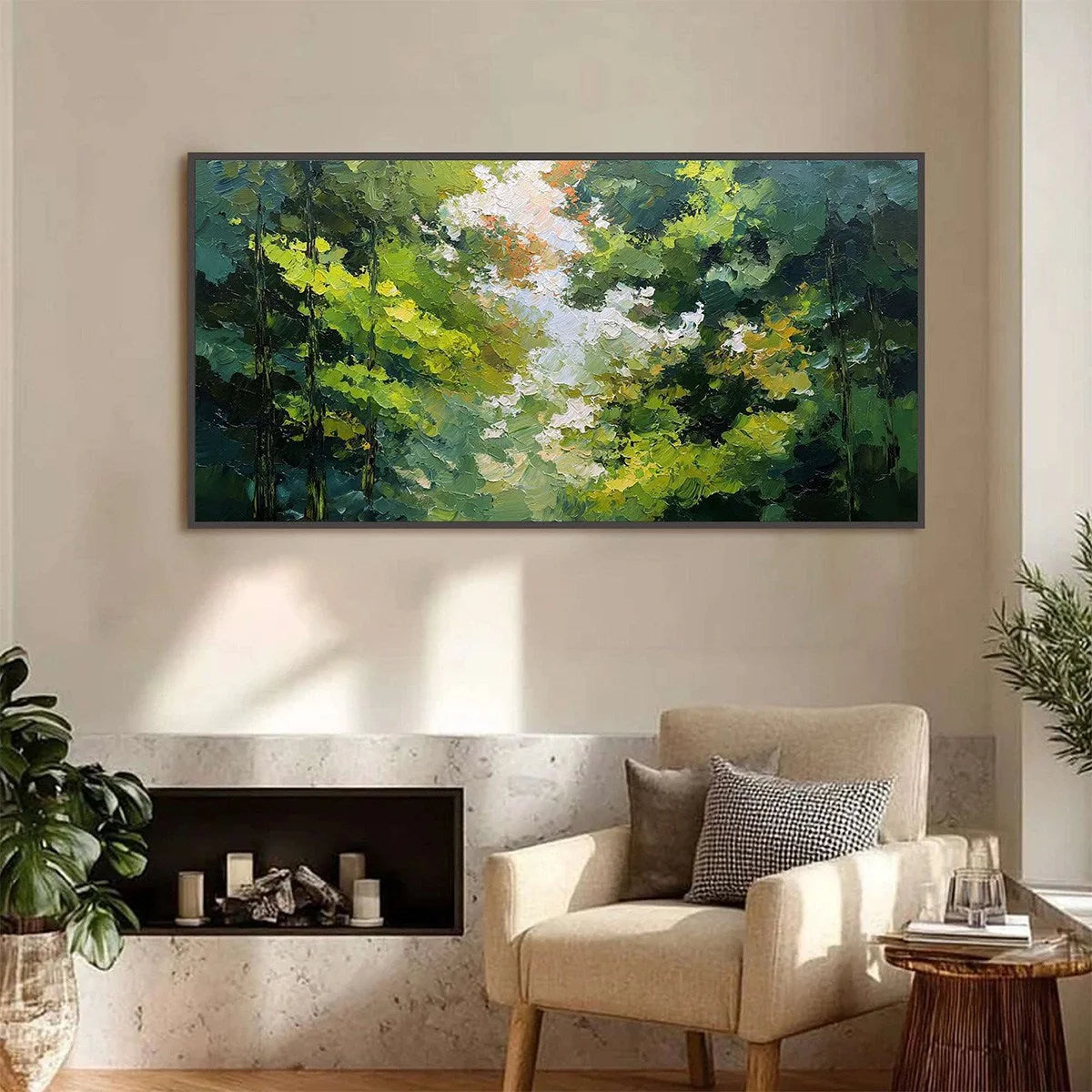 EMERALD LIGHT: Textured Forest Canopy Palette Knife Painting | Abstract closeup, raised brushwork detail