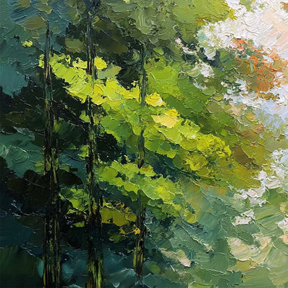 EMERALD LIGHT: Textured Forest Canopy Palette Knife Painting | rectangular format, hand-painted canvas edge