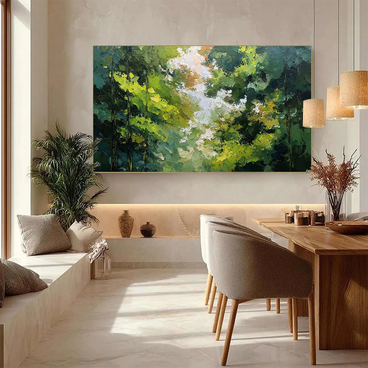 EMERALD LIGHT: Textured Forest Canopy Palette Knife Painting | gold frame stretched on neutral wall