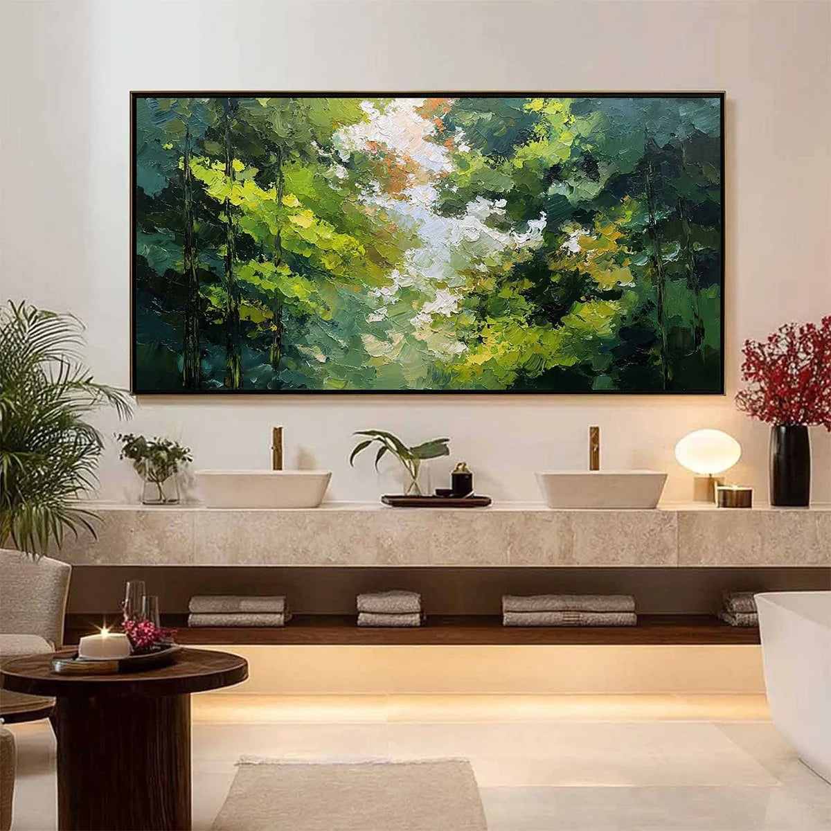 EMERALD LIGHT: Textured Forest Canopy Palette Knife Painting | black frame version on white wall