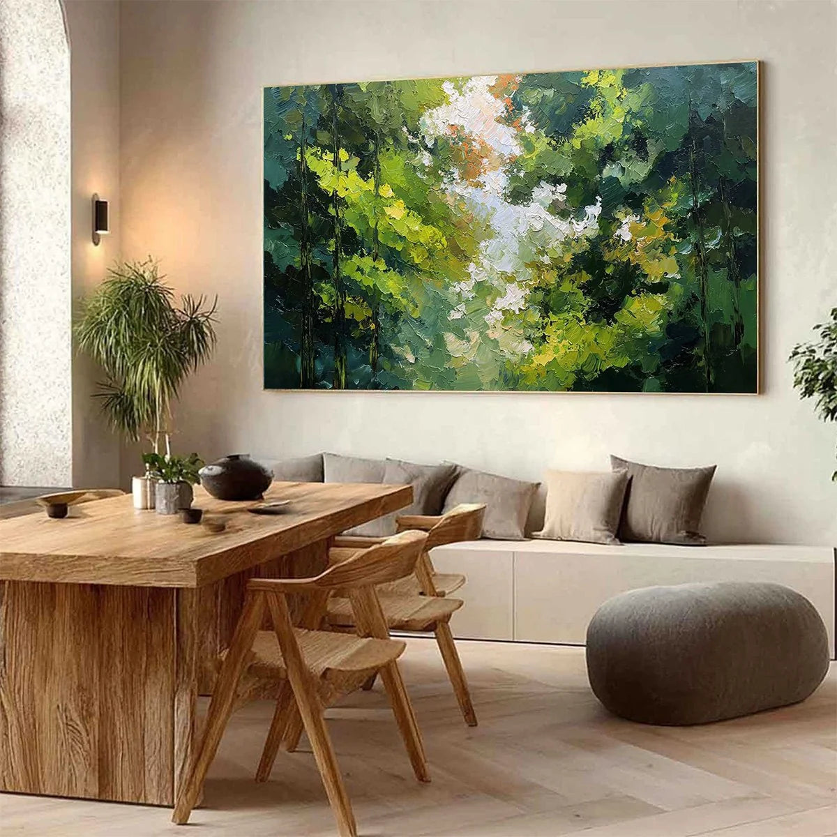 EMERALD LIGHT: Textured Forest Canopy Palette Knife Painting | Abstract mood, soft natural light studio shot