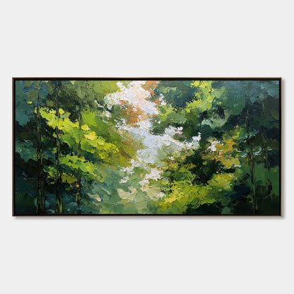 EMERALD LIGHT: Textured Forest Canopy Palette Knife Painting | hanging in EMERALD LIGHT: Textured Forest Canopy Palette Knife Painting featuring layered textured brushwork in refined tones; abstrac...