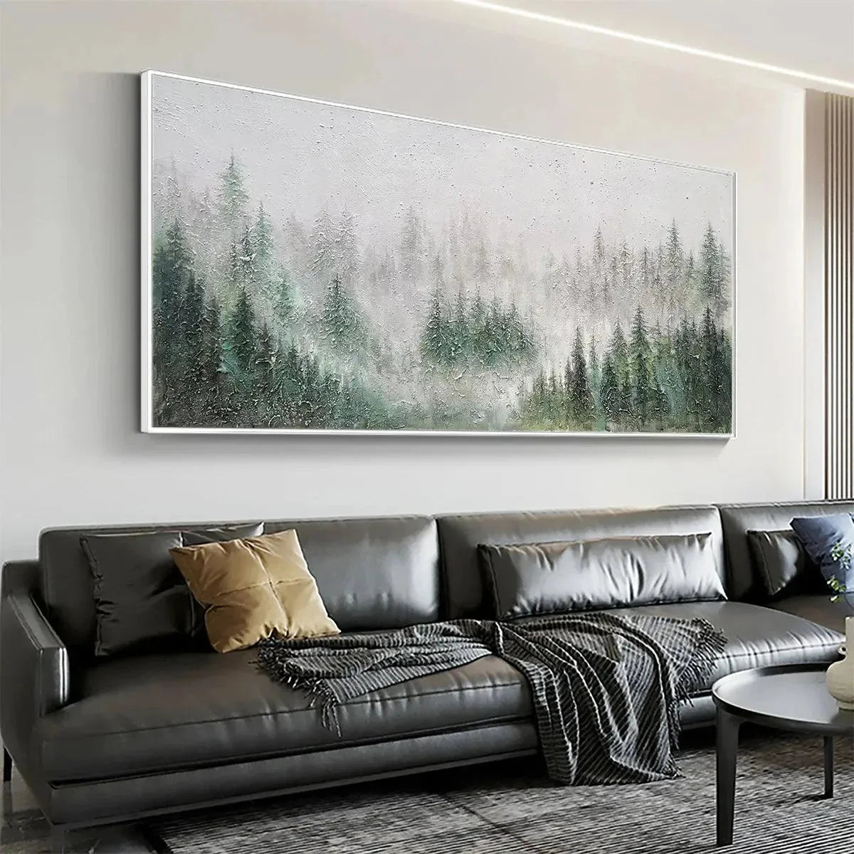 EMERALD MIST: Panoramic Misty Forest Landscape Oil Painting | Landscape closeup, raised brushwork detail