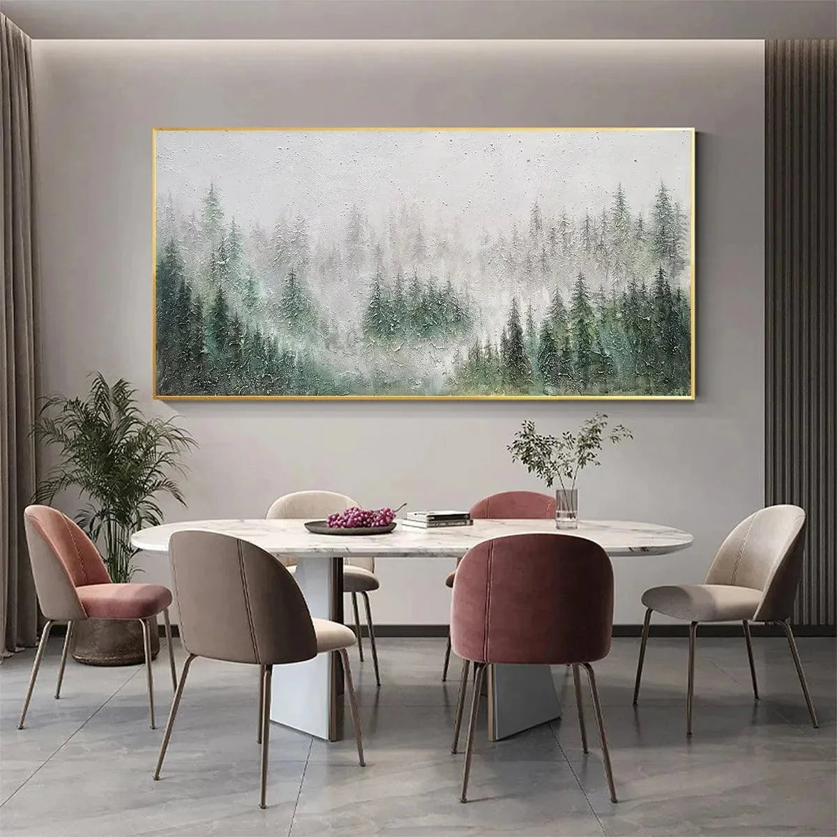 EMERALD MIST: Panoramic Misty Forest Landscape Oil Painting | gold frame stretched on neutral wall