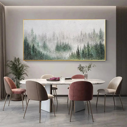 EMERALD MIST: Panoramic Misty Forest Landscape Oil Painting | gold frame stretched on neutral wall