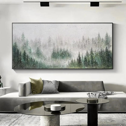 EMERALD MIST: Panoramic Misty Forest Landscape Oil Painting | rolled canvas, ready for custom framing