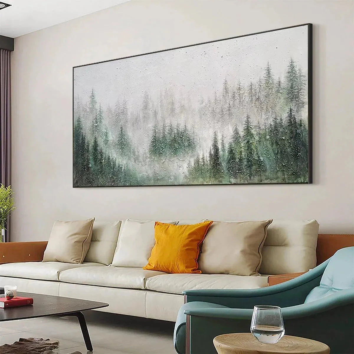 EMERALD MIST: Panoramic Misty Forest Landscape Oil Painting | black frame version on white wall