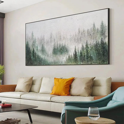 EMERALD MIST: Panoramic Misty Forest Landscape Oil Painting | black frame version on white wall