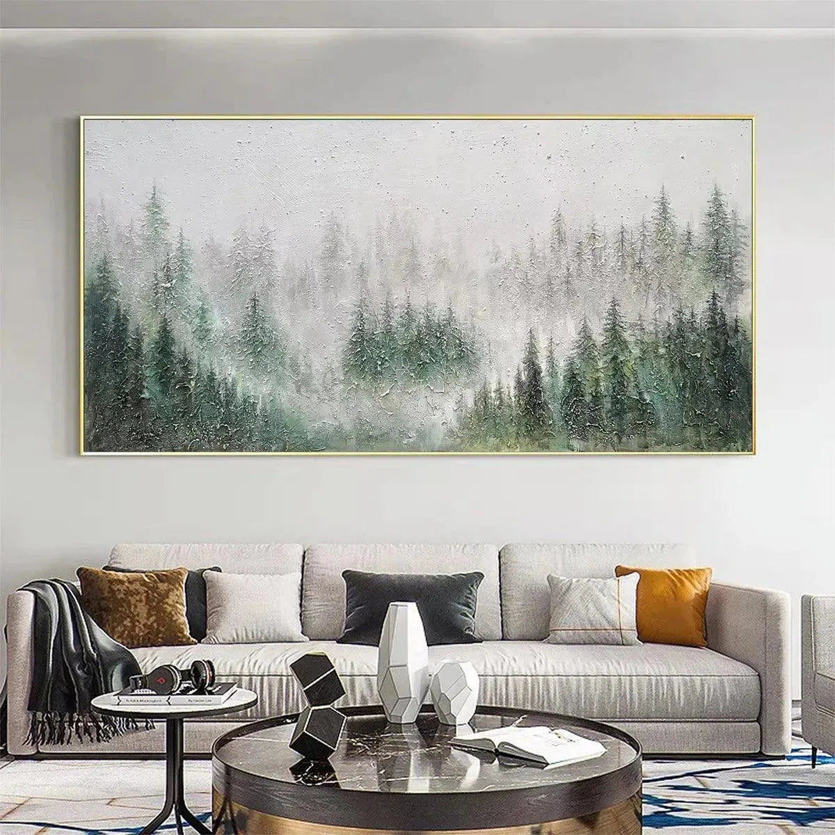 EMERALD MIST: Panoramic Misty Forest Landscape Oil Painting | Landscape mood, soft natural light studio shot