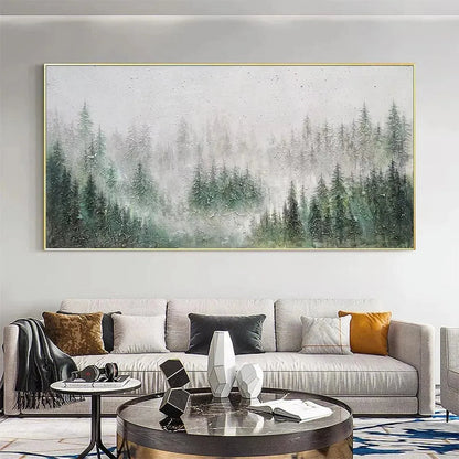 EMERALD MIST: Panoramic Misty Forest Landscape Oil Painting | Landscape mood, soft natural light studio shot