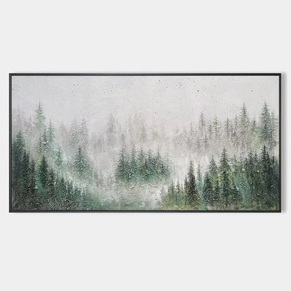 EMERALD MIST: Panoramic Misty Forest Landscape Oil Painting | hanging in EMERALD MIST: Panoramic Misty Forest Landscape Oil Painting featuring layered textured brushwork in refined tones; landscape...