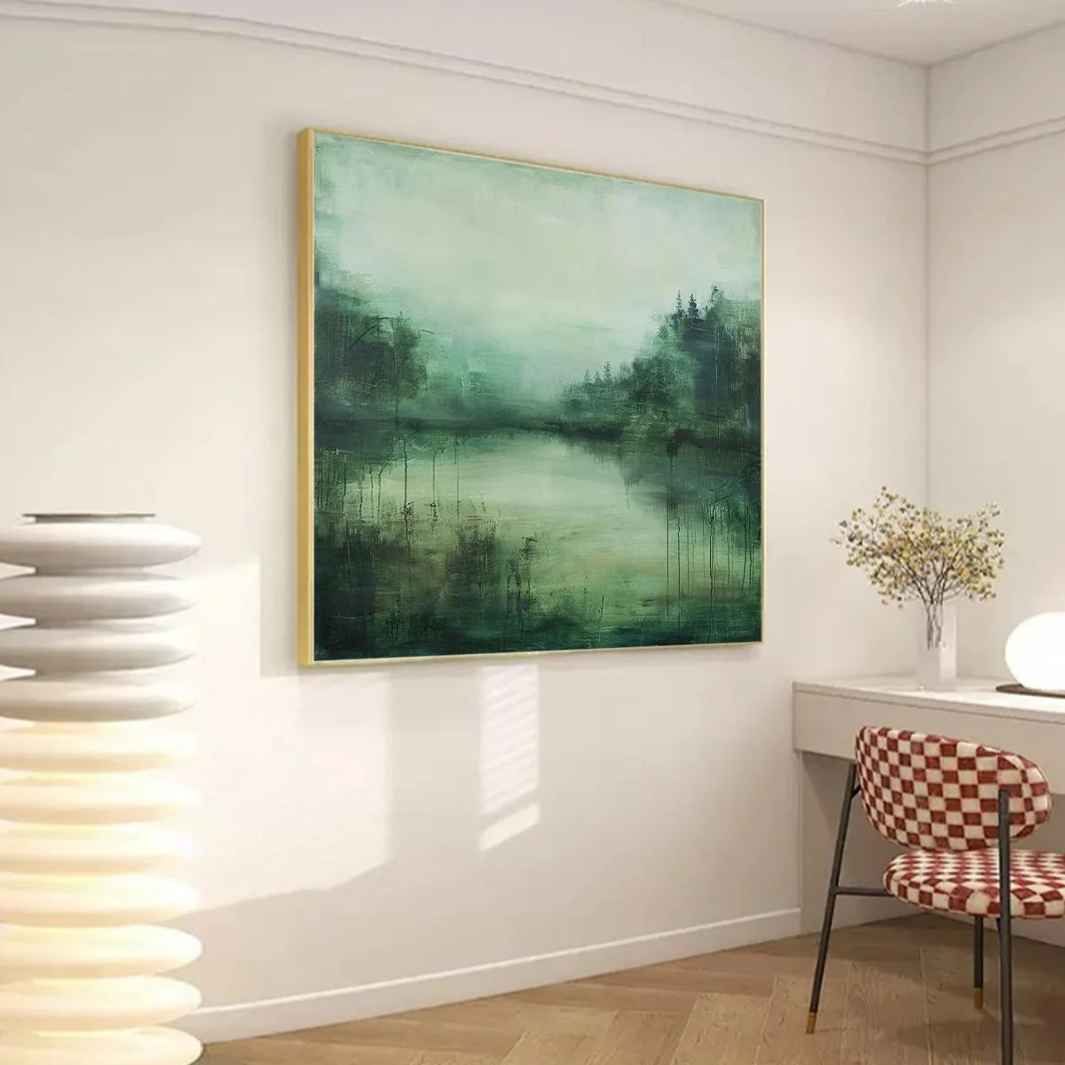 EMERALD MIST: Textured Abstract Forest Landscape Oil Painting | gold frame stretched on neutral wall