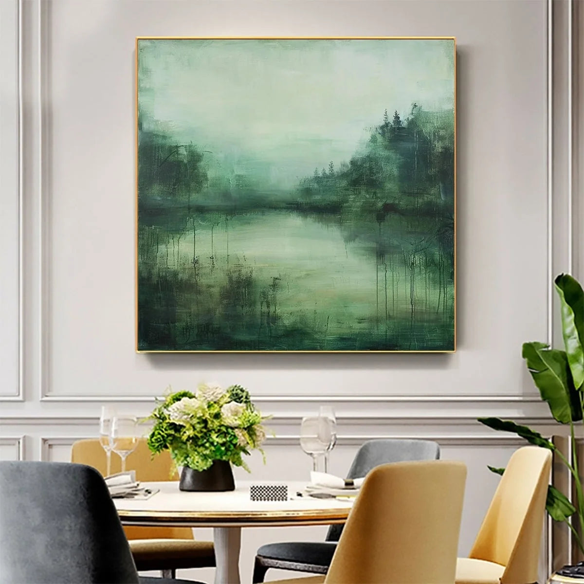 EMERALD MIST: Textured Abstract Forest Landscape Oil Painting | black frame version on white wall