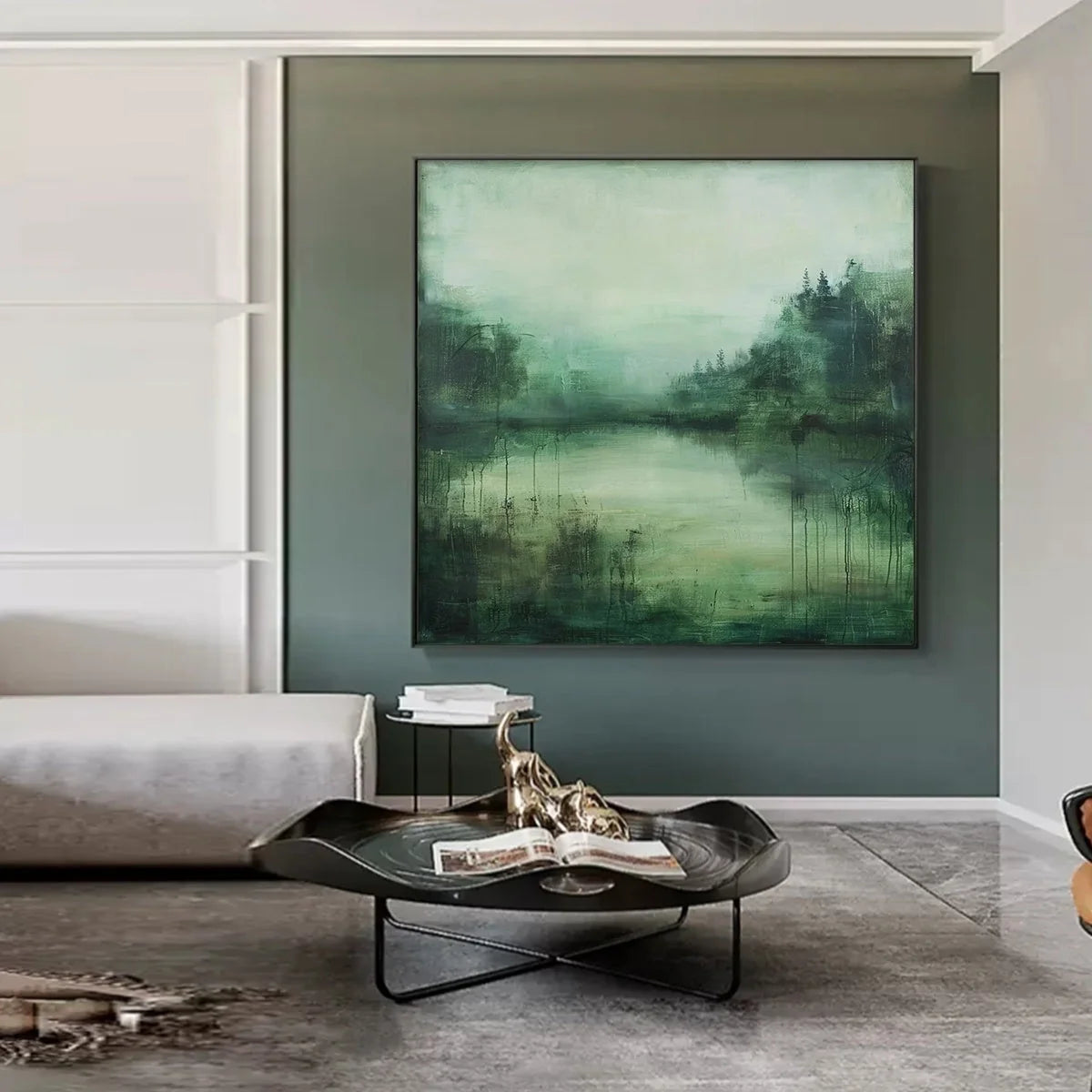 EMERALD MIST: Textured Abstract Forest Landscape Oil Painting | Abstract mood, soft natural light studio shot