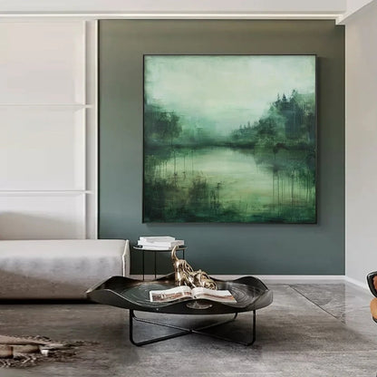 EMERALD MIST: Textured Abstract Forest Landscape Oil Painting | Abstract mood, soft natural light studio shot