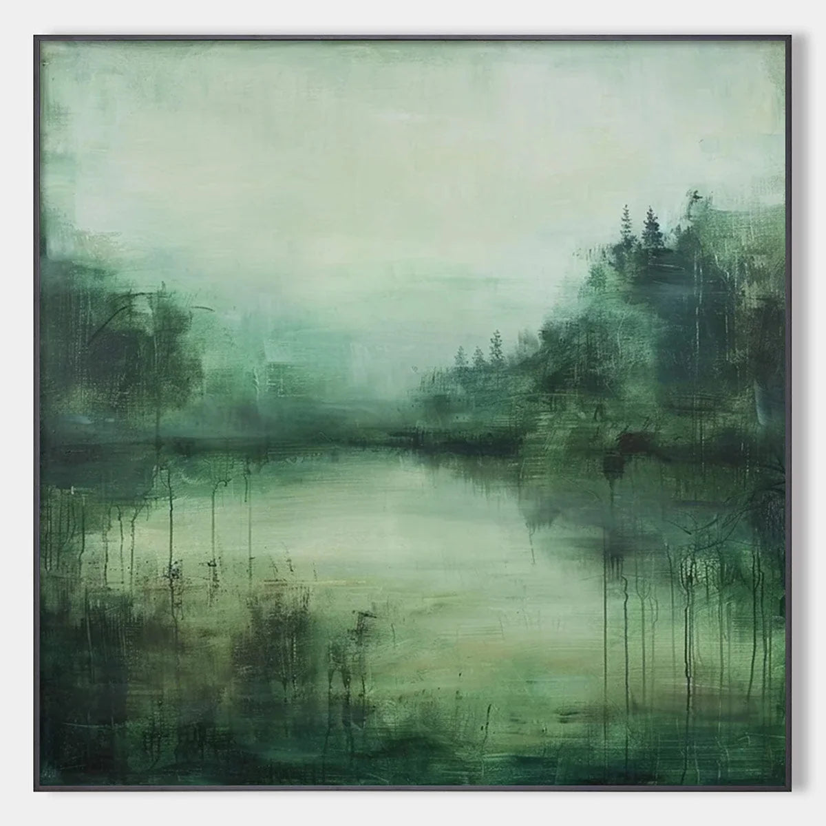 EMERALD MIST: Textured Abstract Forest Landscape Oil Painting | hanging in EMERALD MIST: Textured Abstract Forest Landscape Oil Painting featuring layered textured brushwork in refined tones; abstr...