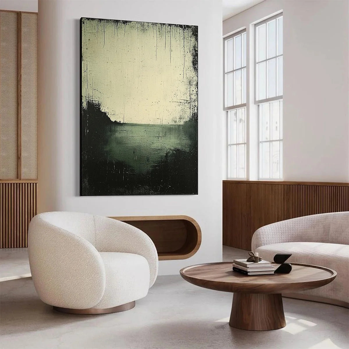 EMERALD MIST: Textured Wabi-Sabi Seascape Oil Painting | gold frame stretched on neutral wall