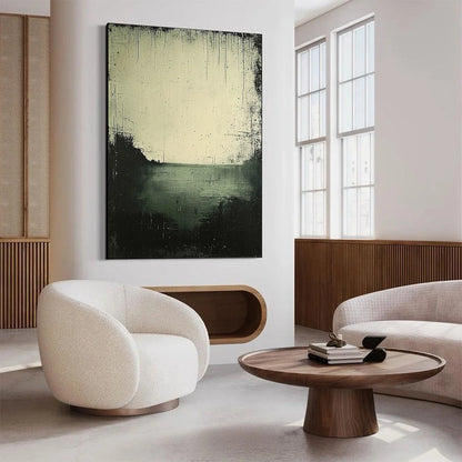 EMERALD MIST: Textured Wabi-Sabi Seascape Oil Painting | gold frame stretched on neutral wall